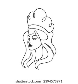 Beauty queen logo.
Princess in one line. Profile of a beautiful girl with a crown drawn in a continuous line. A stroke of the pen. Linear style, graphics, minimalistic sketch drawn carelessly.