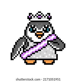 Beauty queen penguin in a sash, sparkly dress and silver diadem, pixel art character on white. Retro video game graphics. Prom girl. Beauty pageant mascot. Coronation ceremony. Contest winner reward.