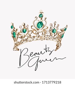 beauty queen slogan with beauty crown cartoon illustration