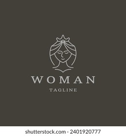 Beauty queen woman with line art style logo design template