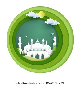 the beauty of Ramadan Kareem with the illustration of the mosque. beautiful paper art style.