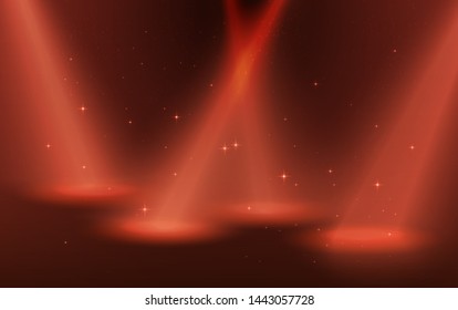 Beauty red background witn 4 spotlights on the scene. Vector.