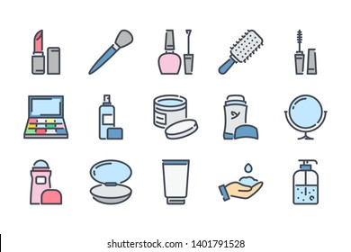 Beauty related color line icon set. Makeup and Cosmetics colorful linear icons. Skin and body care flat color  outline vector signs and symbols collection.