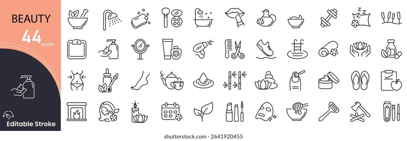 Beauty related icon collections. Containing makeup, skincare, lipstick, brush, salon, cosmetic, spa, hair, nail, style icons. Editable Stroke. 