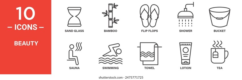 Beauty related vector icon set includes sand glass, bamboo, flip flops, shower, bucket, sauna, swimming, towel, lotion, tea, and more icons