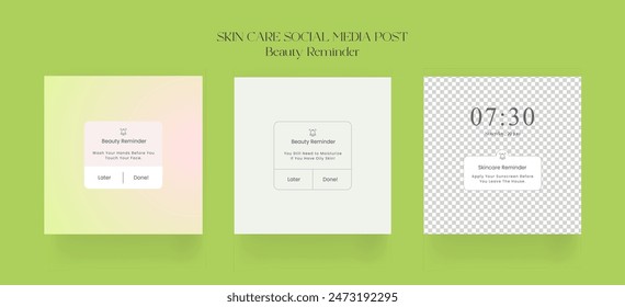 Beauty Reminder skin care social media post. Skincare Reminder From Cosmetic Shop With Online Post Template. Vector illustration.