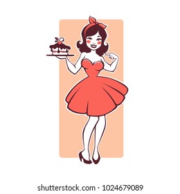 beauty retro pinup cartoon girl holding a delicious tasty cake