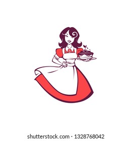 Beauty Retro-Cartoon-Mädchen, die einen leckeren Kuchen hält, für Ihr Logo, Ihr Etikett, Ihr Emblem