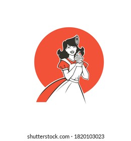 beauty retro pinup cartoon girl holding a delicious tasty cake, for your logo, label, emblem