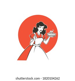 chica de dibujos animados retro de belleza sosteniendo una deliciosa tarta, para su logo, etiqueta, emblema