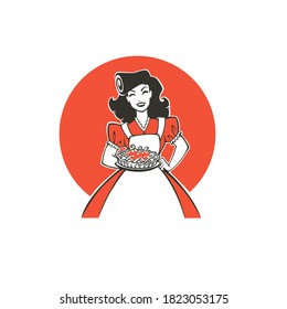 chica de dibujos animados retro de belleza sosteniendo una deliciosa tarta, para su logo, etiqueta, emblema