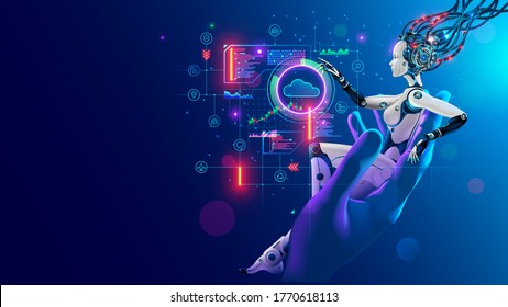 Beauty robot woman sitting in hand human, analyze data on hud interface in cyberspace. Cyborg with artificial intelligence working with neural networks, big data, cloud computing. AI and Industry 4.0