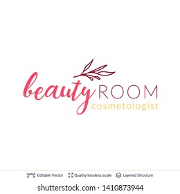 Beauty room or salon cosmetologist logo design. Floral element and text. Editable vector template.