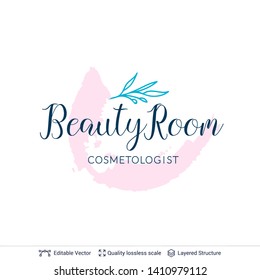 Beauty room or salon cosmetologist logo design. Floral element and text. Editable vector template.