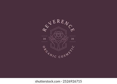 Beauty rose flower in hands polygonal line art logo design template vector illustration. Elegant botanical floral bud ellipse linear logotype for beautician cosmetology spa wellness hair skin care