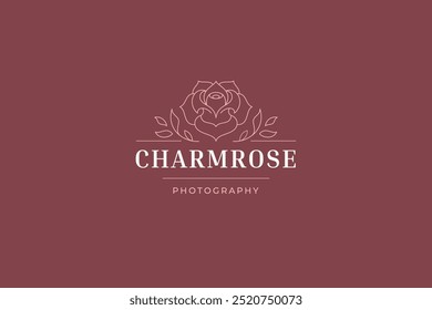 Beauty rose flower with leaves line art logo design template for gardening shop vector illustration. Elegant natural floral bud minimalist linear logotype florist studio skin hair care cosmetic brand