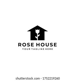 Beauty Rose illustration logo vector on house  logo design template, minimal line petal beauty salon sign.