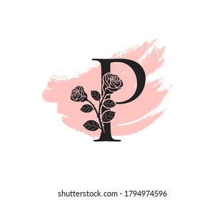Modelo de diseño del logotipo vectorial del logotipo de Beauty Rose, salón de belleza pétalo de la línea de señas P femenina. Icono de la letra P de la flor.