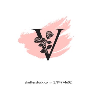 Beauty Rose logo vector logo design template, feminine V sign line petal beauty salon. Flower V Letter Icon.