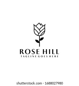 Rosa de belleza con diseño vectorial de logo de montaña diseño de línea mínima señal pétal de línea