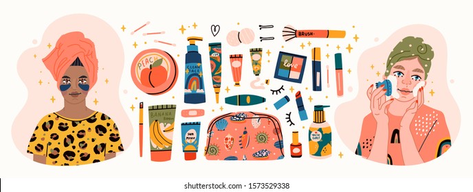 Beauty routine. Beautiful young ladies and various cosmetics. Face and body care concept. Cleansing, moisturizing, treating. Hand drawn vector set. Trendy illustration. All elements are isolated