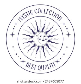 Beauty routine and care for skin and body. Mystic collection best quality cosmetic logo. Treatment and rejuvenation for women. Label or emblem for product with sun and moon. Vector in flat style