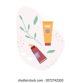 Beauty routine cosmetic products flat vector illustration.
