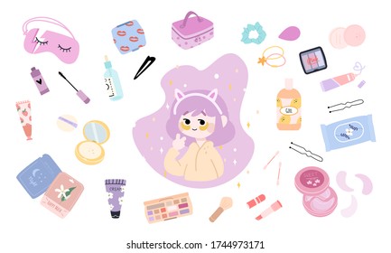 Beauty routine. Cute, beautiful young lady and various cosmetics. Face and body care concept. Cleansing, moisturizing, treating. Hand drawn vector set. Trendy illustration. All elements are isolated