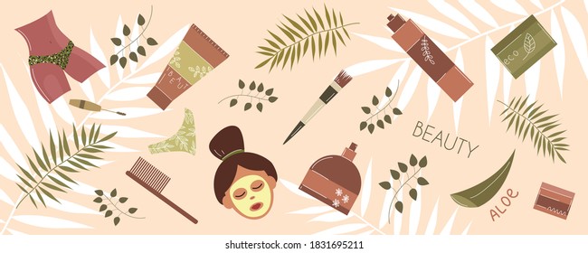 Beauty Routine. Face and body care. Cosmetic items.. Eco cosmetics in flat hand drawn style. All elements are isolated. Vector stock illustration.