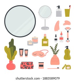 Beauty routine. Face and body skin care concept. Cleansing, moisturizing, treating, gua sha stone. Various cosmetics. Bathroom accessories. Hand drawn vector set. Trendy colored illustration. 