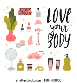 Beauty routine. Face and body skin care concept. Cleansing, moisturizing, treating, gua sha stone. Various cosmetics. Bathroom accessories. Hand drawn vector set. Illustration with lettering. 