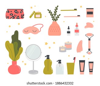 Beauty routine. Face and body skin care concept. Cleansing, moisturizing, treating, gua sha stone. Various cosmetics. Bathroom accessories. Hand drawn vector set. Trendy colored illustration. 