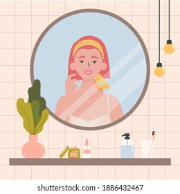 Rutina de belleza. Concepto de cuidado facial y cutáneo corporal. Mujer mirándose en el espejo. Atractiva niña con diversos cosméticos y accesorios en un baño. Ilustración de color de moda dibujada a mano. 