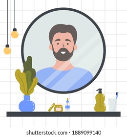 Beauty routine. Face and body skin care concept. Man looking at herself in the mirror. Attractive guy with various cosmetics and accessories in a bathroom. Hand drawn trendy colored illustration. 
