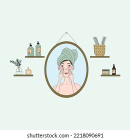 Beauty routine. Face and body skin care concept. Woman looking at herself in the mirror. Attractive girl with various cosmetics and accessories in a bathroom. Hand drawn vector doodle