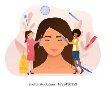 Beauty routine and facial care abstract concept. Masters of the beauty salon give a beautiful shape to the cute girl s eyebrows. Flat cartoon vector illustration.