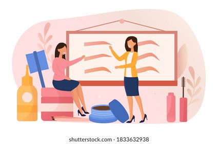 Beauty routine and facial care abstract concept. Customer pretty woman and master of the beauty salon choosing eyebrow shape. Flat cartoon vector illustration.