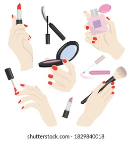 Beauty routine. Hands and various cosmetics. Lipstick, brush, mascara. Hand drawn vector set. Salon logo, sticker concept. Trendy illustration. All elements are isolated