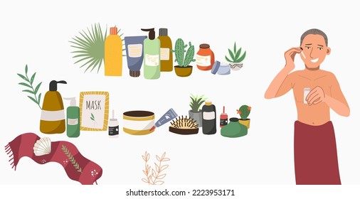 Beauty routine. Handsome men and various cosmetics. The concept of face and body care. Cleansing, moisturizing, treatment with natural elements. Hand drawn vector set. Men's hygiene.