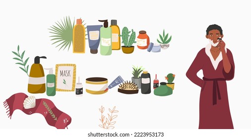 Beauty routine. Handsome men and various cosmetics. The concept of face and body care. Cleansing, moisturizing, treatment with natural elements. Hand drawn vector set. Men's hygiene.