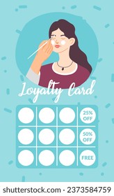 Beauty routine and makeup artist care procedure. Discounts and free sessions, treatment for facial skin and eyebrows. Loyalty card for clients and customers of service. Vector in flat style