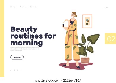 Beauty routine for morning concept of landing page with young woman applying cosmetics serum oil taking care of face skin health. Female using treatment for skincare. Carton flat vector illustration