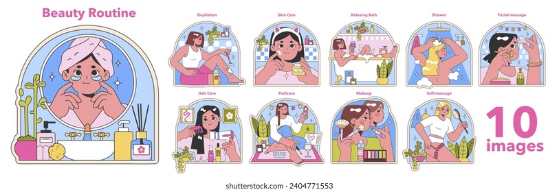 Beauty routine set. Daily self-care activities from skincare to makeup. Ten steps for personal grooming rituals. Joyful self-care moments with diverse beauty treatments. Flat vector illustration