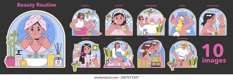 Beauty routine set. Daily self-care activities from skincare to makeup. Ten steps for personal grooming rituals. Joyful self-care moments with diverse beauty treatments. Flat vector illustration