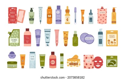 Beauty routine. Set of korean skin care products for cleansing, toning and moisturizing. Facial natural organic cosmetic. Hand drawn icons. Vector illustration in flat cartoon style.