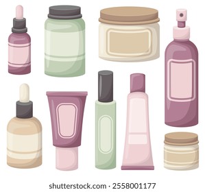 Beauty routine. Set of korean skin care products for cleansing, toning and moisturizing. Vector illustration in flat cartoon style.
