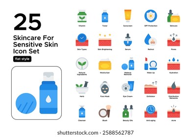 Beauty Routine and Skin Care Essentials. Lotion, Sunscreen, and Healthy Glow. Vector Illustration. Flat icon set