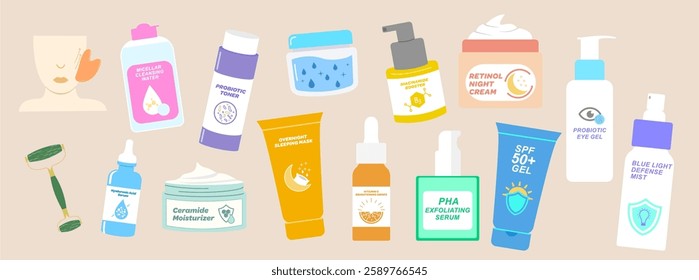 Beauty Routine Skin Care Product Flat Illustration. Serum, retinol, eye cream, moisturizer, toner, sunscreen, night cream, face massage item. Skin care illustration. 