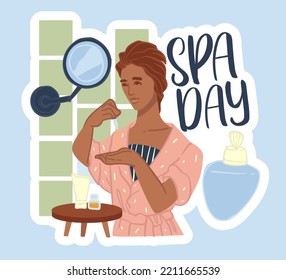 Beauty routine and spa day procedures for women. Salon cosmetic products and care, woman applying serum of hand skin, moisturizing effect. Lotion and cream for treatment. Vector in flat style