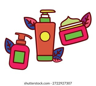 Ilustración vectorial de rutina de belleza con botella de perfume, tarro de crema y limpiador facial. Cuidado de la piel diario Essentials Vector Icon con perfume, crema y limpiador facial. Icono de Vector de rutina de cuidado de la piel moderna.